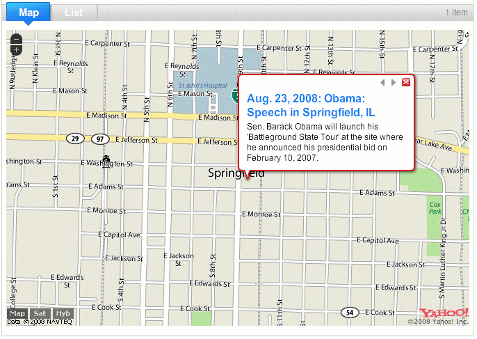 Screen shot of Yahoo! Pipe: Barack Obama 2008 US Presidential Election Campaign Travel Map