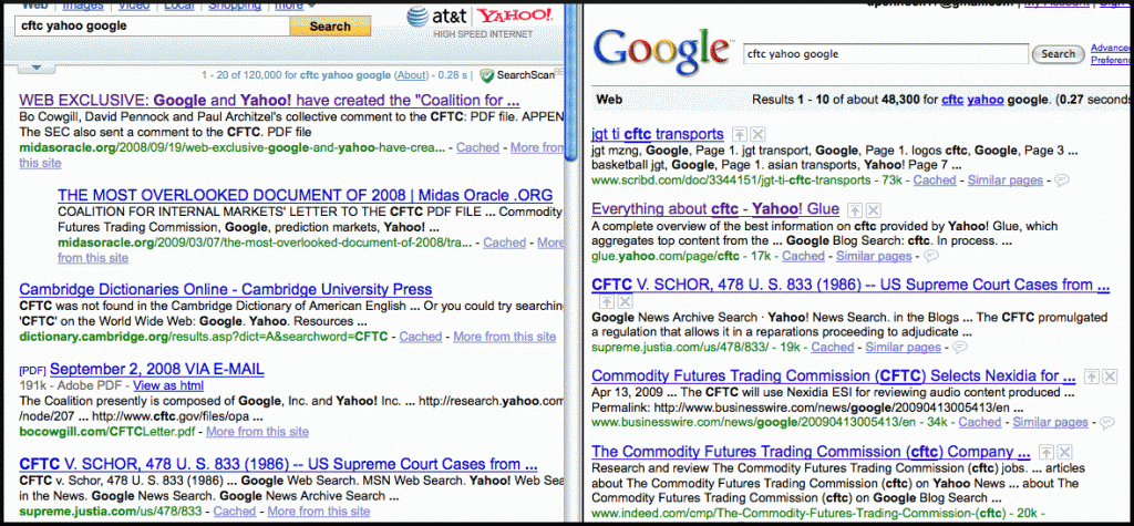 Yahoo! versus Google search for "cftc yahoo google"