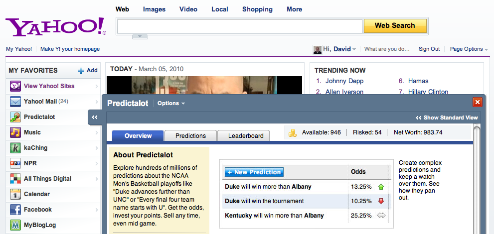 Predicalot app on the Yahoo! home page