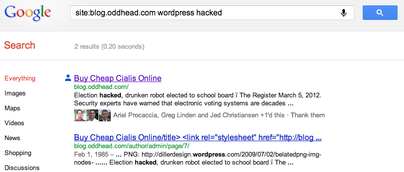 Oddhead Blog hacked again: Spam titles in Google's cache 2012-04-27