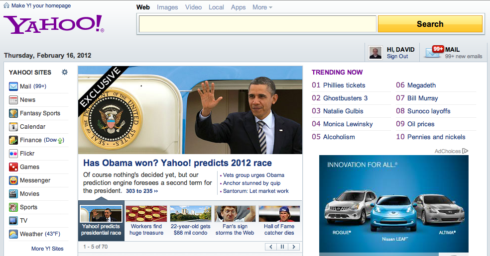 The Signal 303 prediction "Exclusive" top banner item on Yahoo.com 2012-02-16